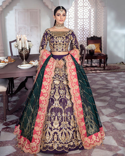 Kehkshan: A Majestic Purple and Green Bridal Ensemble