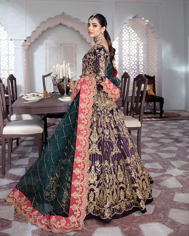 Kehkshan: A Majestic Purple and Green Bridal Ensemble