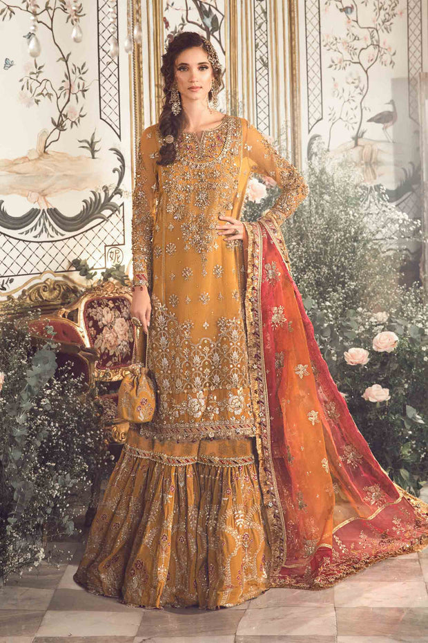 Luxurious Mustard Embroidered Organza and Raw Silk Ensemble