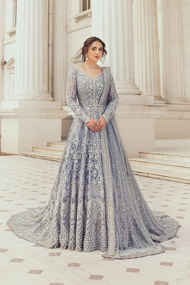 Celestial Elegance: Moonlit Majesty - Iced Blue Net Peshwas with Royal Tail