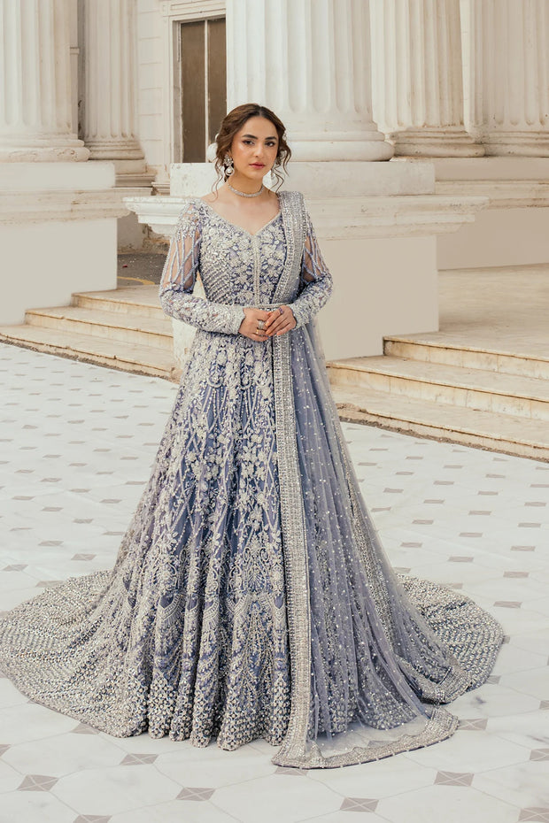 Celestial Elegance: Moonlit Majesty - Iced Blue Net Peshwas with Royal Tail