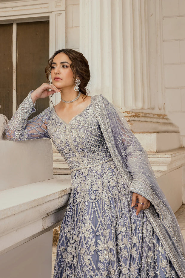 Celestial Elegance: Moonlit Majesty - Iced Blue Net Peshwas with Royal Tail