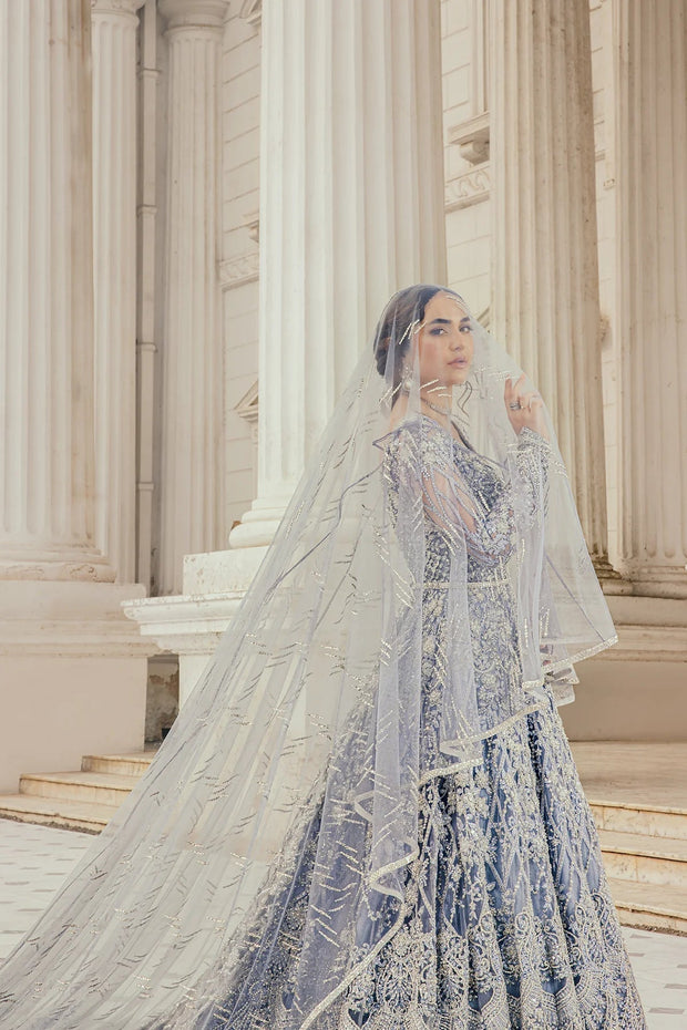 Celestial Elegance: Moonlit Majesty - Iced Blue Net Peshwas with Royal Tail