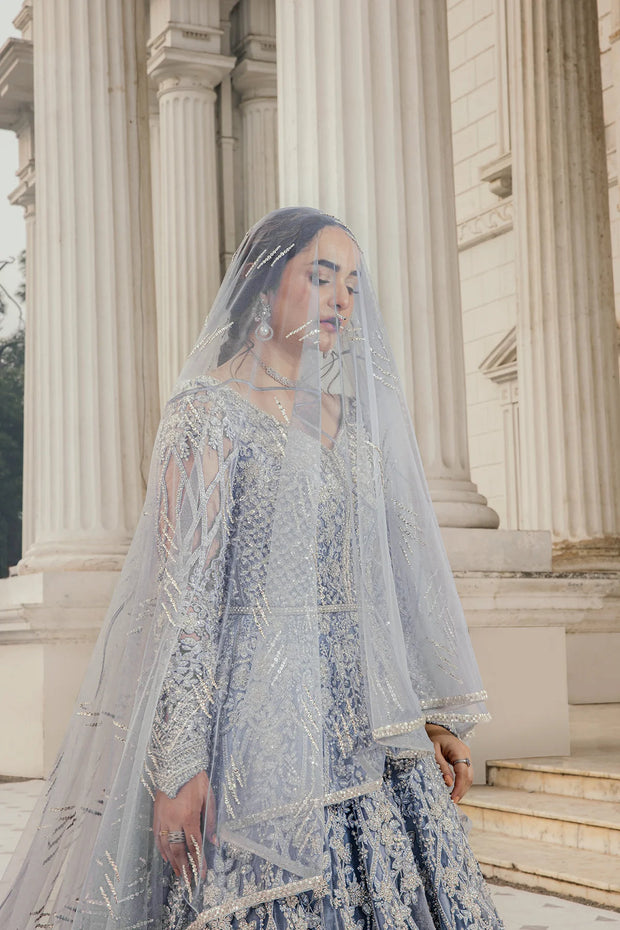 Celestial Elegance: Moonlit Majesty - Iced Blue Net Peshwas with Royal Tail